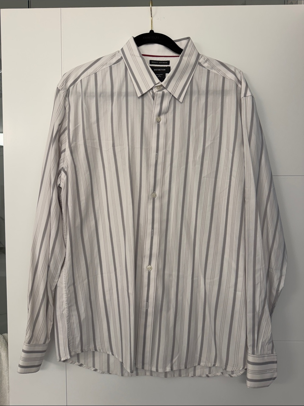 Stafford Men's White Shirt with Gray Vertical Stripes